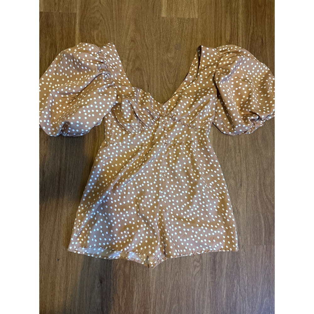 Brown Polka Dot Puff Sleeve Sweetheart Romper Womens Sz 8 cottagecore boho‎